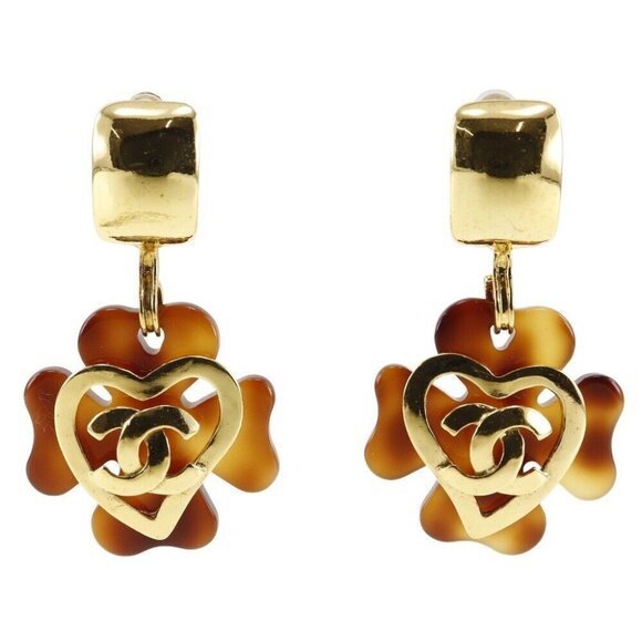CHANEL COCO Mark Heart Earring Clover vintage Brown Plated Gold/plastic he... - Picture 9 of 15